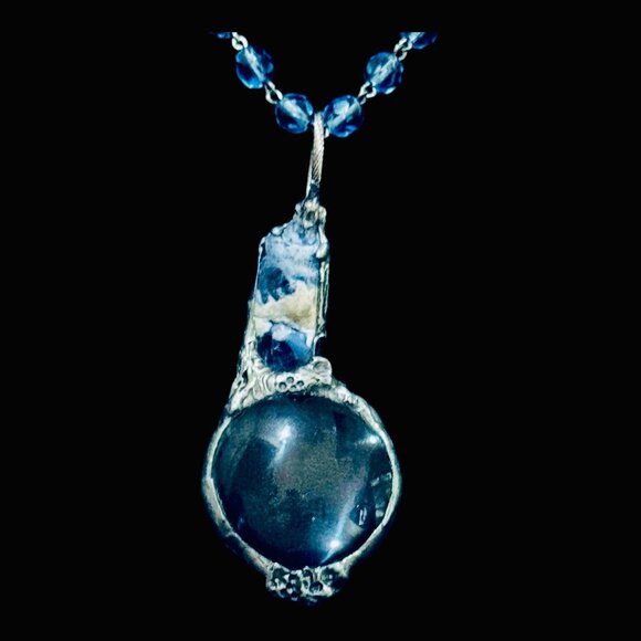 Natural Blue Opal & Magnifying Glass Silver Blend  Glass Beaded Artisan Necklace - Picture 3 of 11